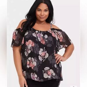 Torrid Black Floral Lurex Cold Shoulder Top Size Large